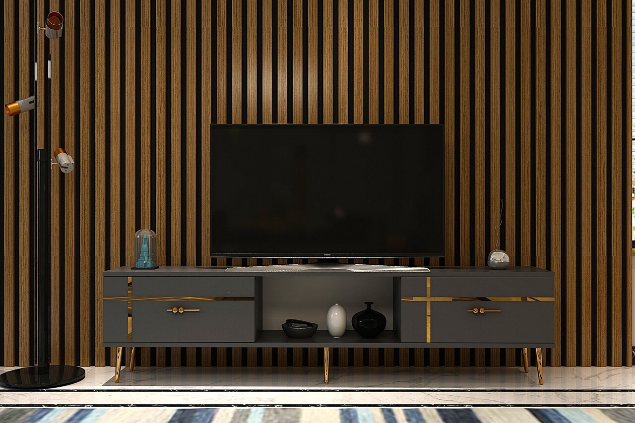 Comoda TV, Hanah Home, Line, 150x40.6x29.6 cm, Antracit / Aur - imagine 7